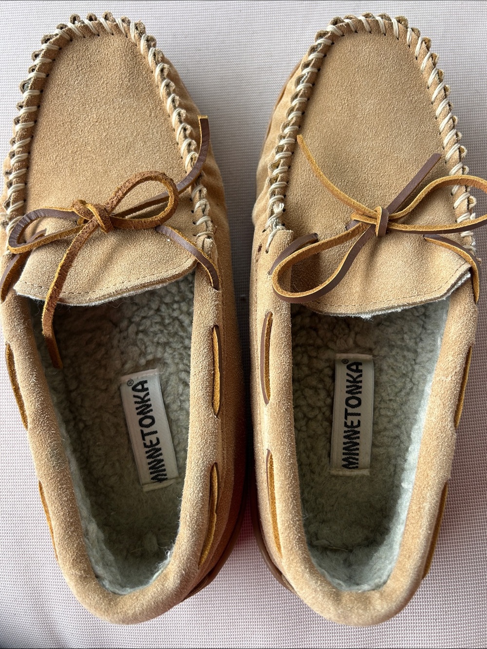 Minnetonka Wheat Suede Moccasins with Bow